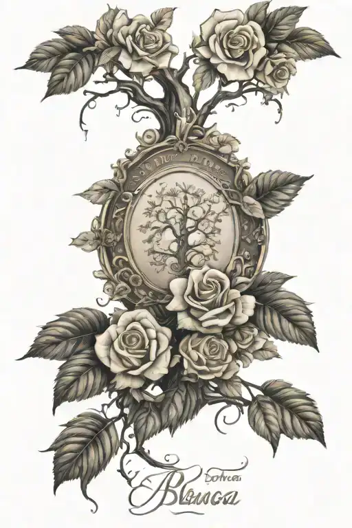 family tree with the name "blanca" with money and roses behind tattoo design idea