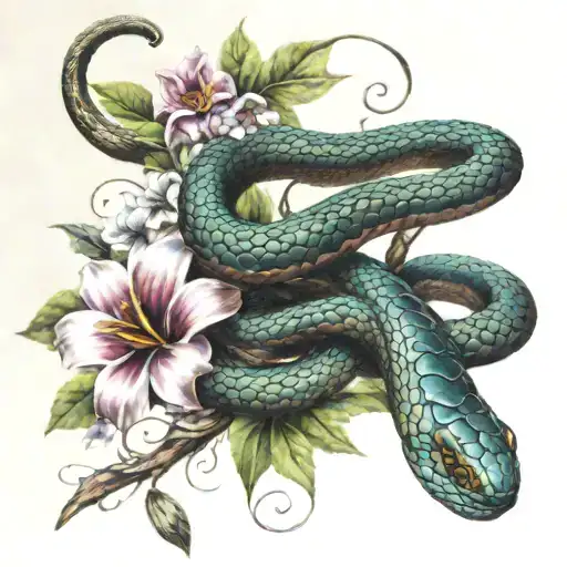 snake aye and flower surrounded tattoo design idea
