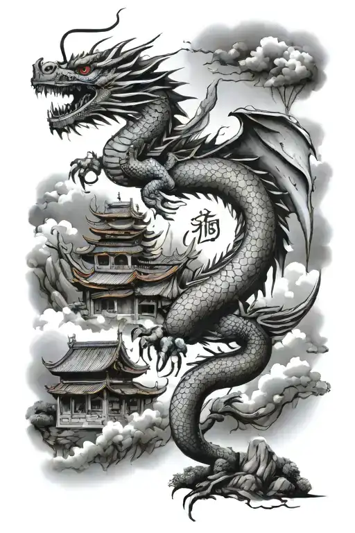 A majestic dragon flying over a traditional Chinese village with Arabic script in the sky tattoo design idea