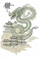 A majestic dragon flying over a traditional Chinese village with Arabic script in the sky tattoo design idea