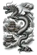 A majestic dragon flying over a traditional Chinese village with Arabic script in the sky tattoo design idea