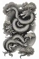 A majestic dragon flying over a traditional Chinese village with Arabic script in the sky tattoo design idea