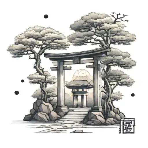 A traditional Japanese torii gate surrounded by bonsai trees, representing the client's passion for Japan and nature tattoo design idea