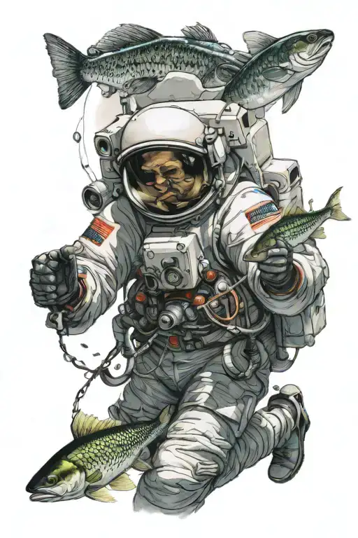 astronaut And catching fish transforming tattoo design idea