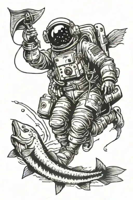 astronaut And catching fish transforming tattoo design idea