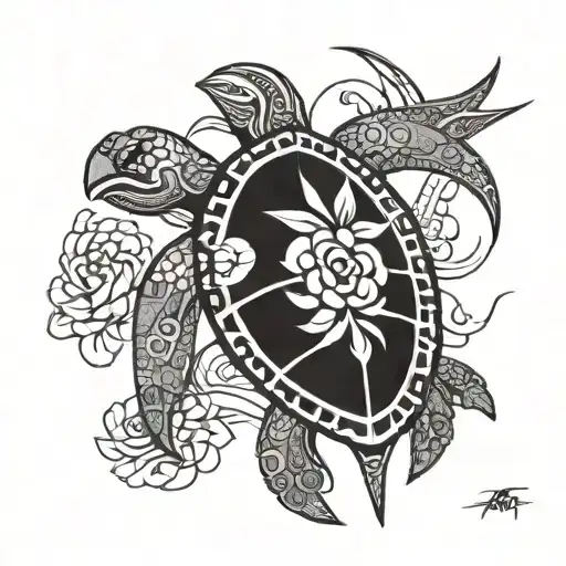 turtle with flower and swallow bird tattoo design idea