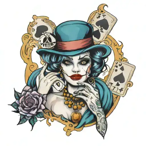 a beautiful lady that holds a joker card tattoo design idea
