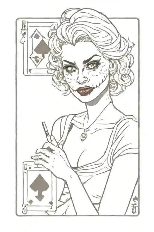 a beautiful lady that holds a joker card tattoo design idea