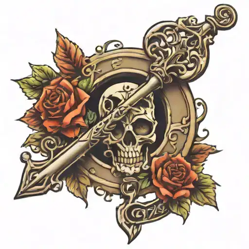skeleton key with name written tattoo design idea