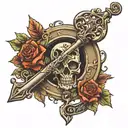 skeleton key with name written tattoo design idea