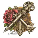 skeleton key with name written tattoo design idea