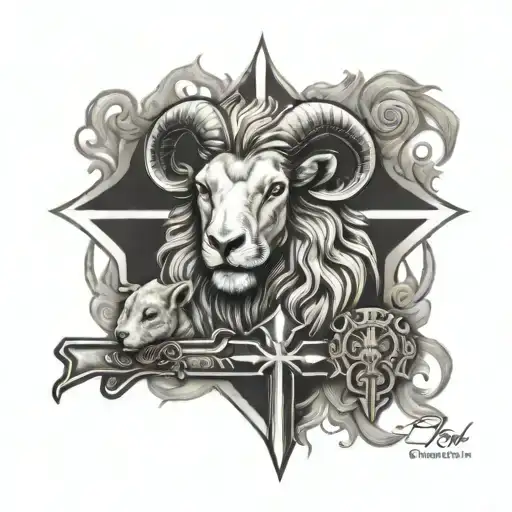 lamb and lion with 3 crosses tattoo design idea