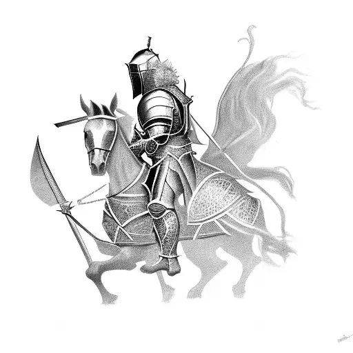 A blackwork tattoo of a knight in shining armor wielding a massive sword while riding a spirited horse tattoo design idea
