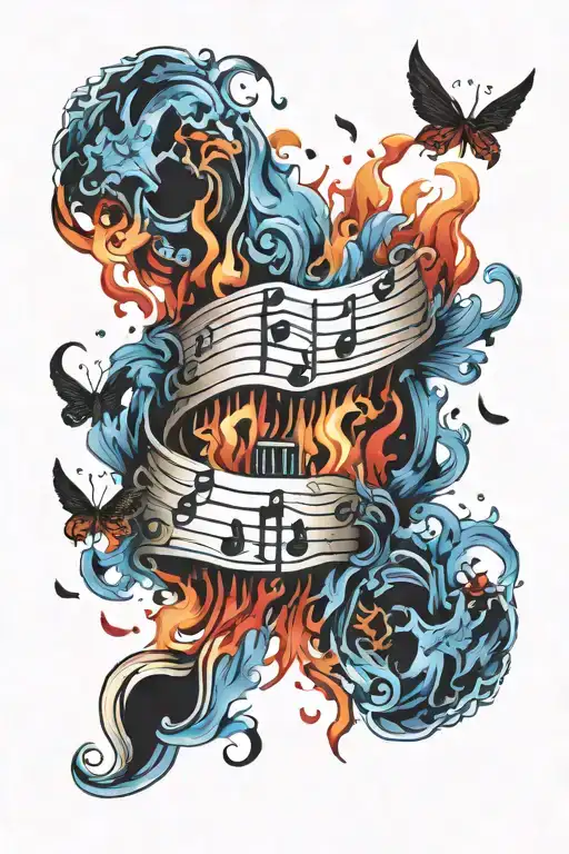 Blue, red and black flames on a beige background. Small music notes are coming from the flames towards the top. tattoo design idea