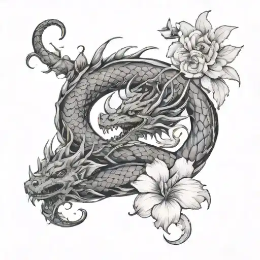dragon ouroboros with gladiolus and cistus flowers tattoo design idea