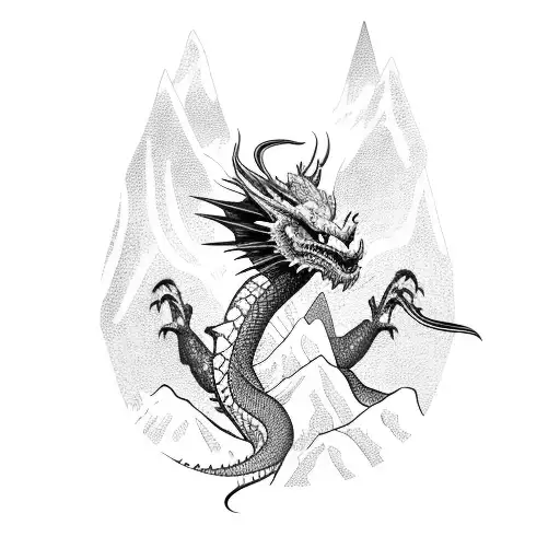 A dragon wrapped around a mountain peak, with musical notes flowing from its mouth tattoo design idea