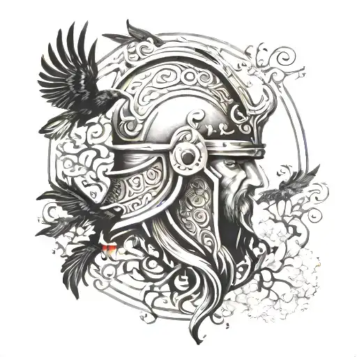 viking helmet surrounded by ravens and yggdrasil tree tattoo design idea