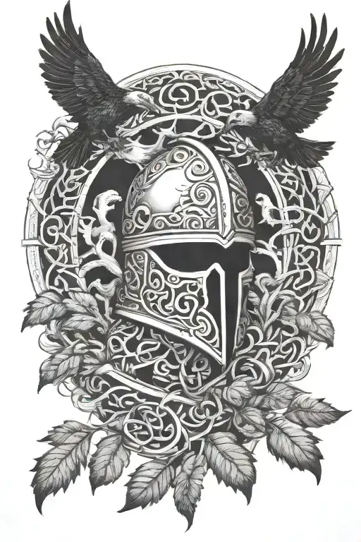 viking helmet, ravens sitting on yggdrasil tattoo design idea