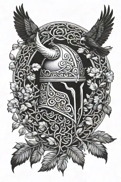 viking helmet, ravens sitting on yggdrasil tattoo design idea