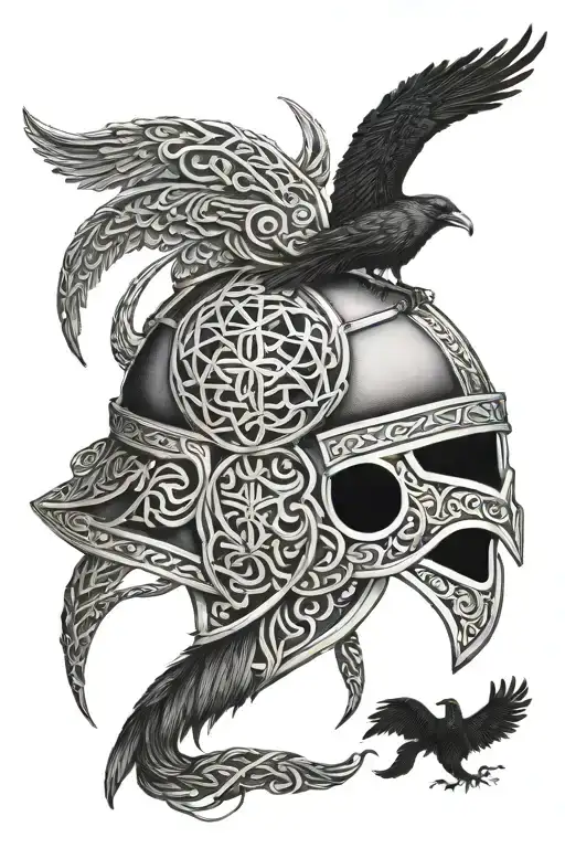 viking helmet, runes, ravens, yggdrasil tattoo design idea