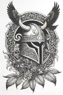 viking helmet, ravens sitting on yggdrasil tattoo design idea