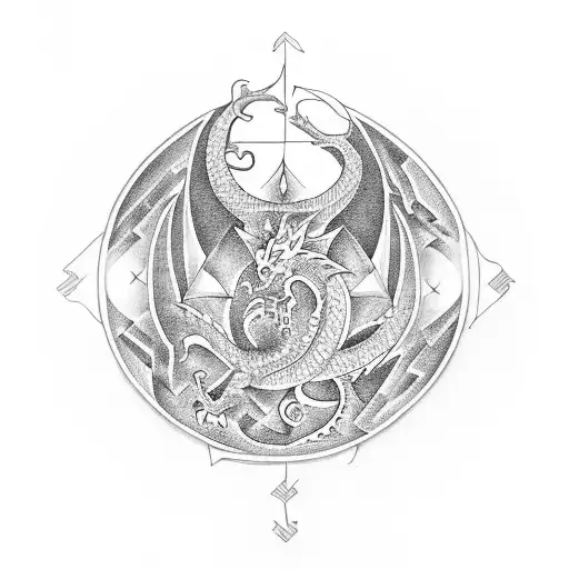 A numerology-inspired maze with dragon protecting tattoo design idea
