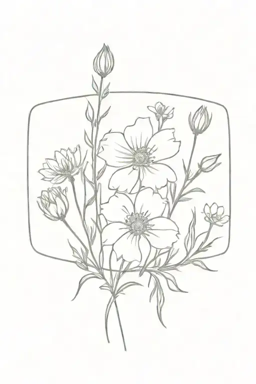 lavendar and cosmos flower with stems surrounded by a rectangle tattoo design idea