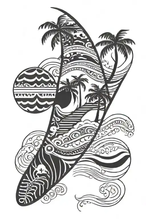 Palm, waves, surf board, geometric, nature, Sri Lanka  tattoo design idea