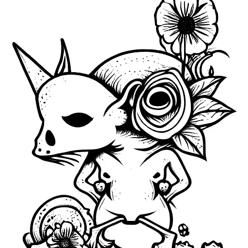 cute goblin with flowers and mushrooms tattoo design idea