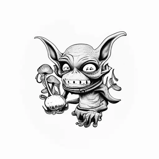 cute goblin with flowers and mushrooms tattoo design idea