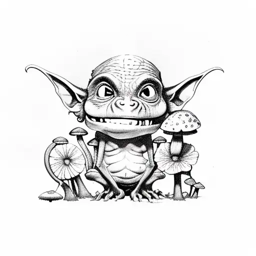 cute goblin with flowers and mushrooms tattoo design idea