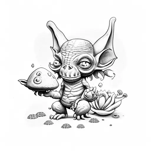 cute goblin with flowers and mushrooms tattoo design idea