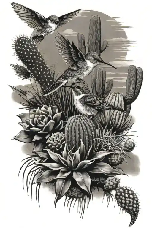 desert scene with hummingbird, coyote and cactus tattoo design idea