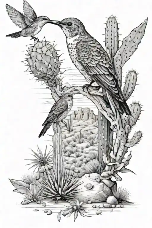 desert scene with hummingbird, coyote and cactus tattoo design idea