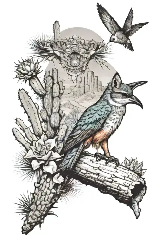 desert scene with hummingbird, coyote and cactus tattoo design idea