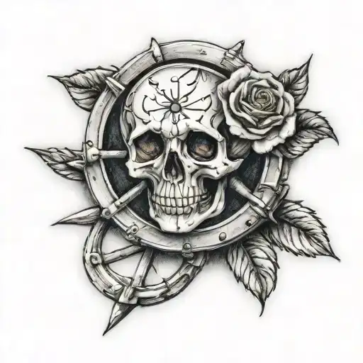 small skull rose and ship wheel tattoo design idea
