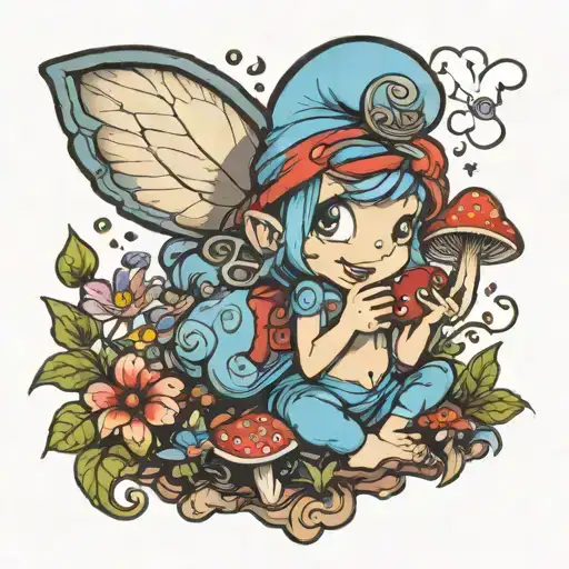 smurf with a magic shroom garden fairy tattoo design idea