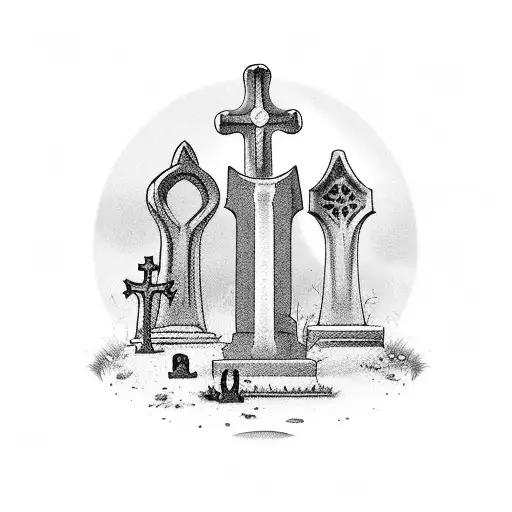 Gothic cemetery scene with tombstones and haunting figures tattoo design idea