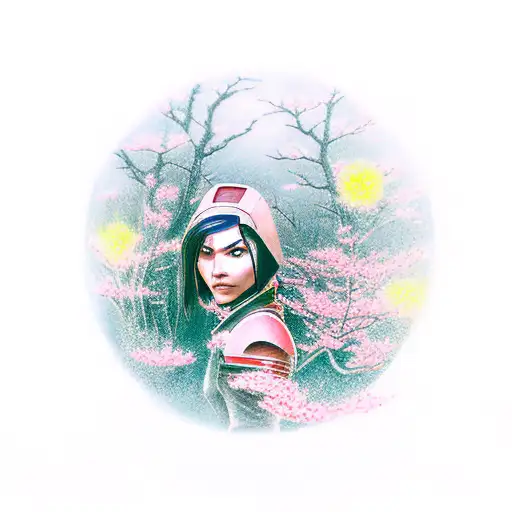 A realistic tattoo depicting the protagonist of the Mass Effect series standing heroically in front of a vibrant Japanese landscape, with cherry blossoms falling all around. tattoo design idea