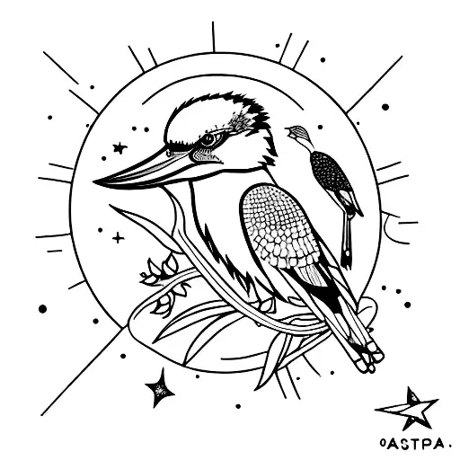 to fit bicep, a kookaburra on a willow branch with sun moon and stars in the background  tattoo design idea