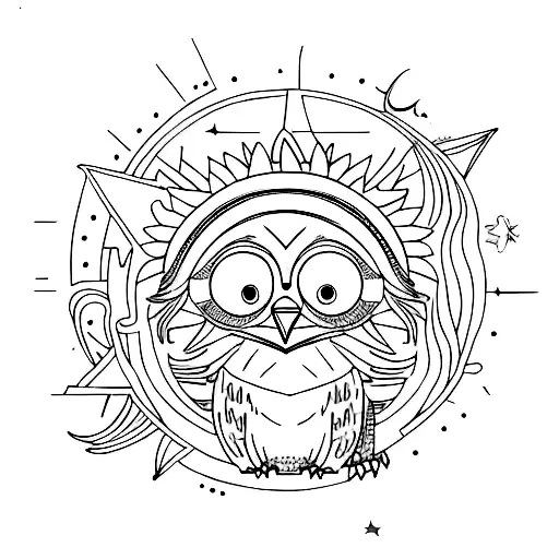 in colour, a kookaburra on a willow branch with sun moon and stars in the background  tattoo design idea