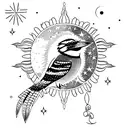 in colour, a kookaburra on a willow branch with sun moon and stars in the background  tattoo design idea