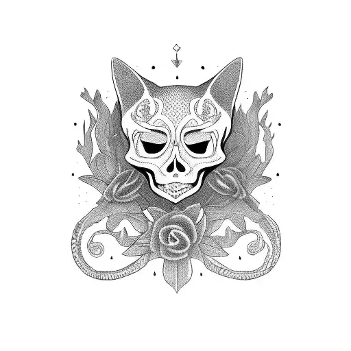 Skeleton holding cat tattoo design idea