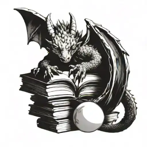 baby dragon sleeping, eyes closed, on a pile of books under a moon  tattoo design idea