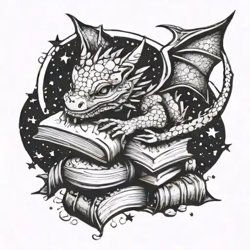 baby dragon sleeping, eyes closed, on a pile of books under a starry sky tattoo design idea