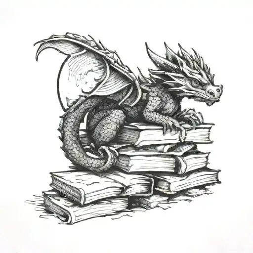 baby dragon sleeping on a pile of books under a moon lit sky tattoo design idea