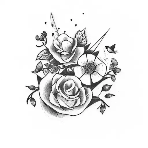 a tattoo with a cross and flowers and a bird with dates tattoo design idea