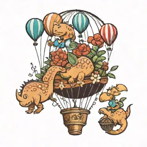 3 small flowers held by kiddie dinosaur in hot air balloon tattoo design idea