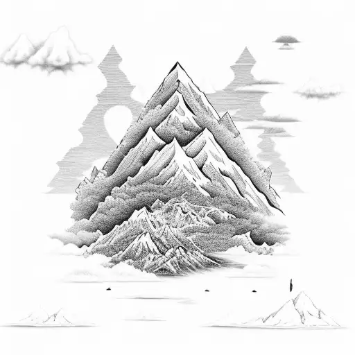 A majestic mountain range with a hidden treasure chest at its peak, inspired by the adventures of One Piece tattoo design idea