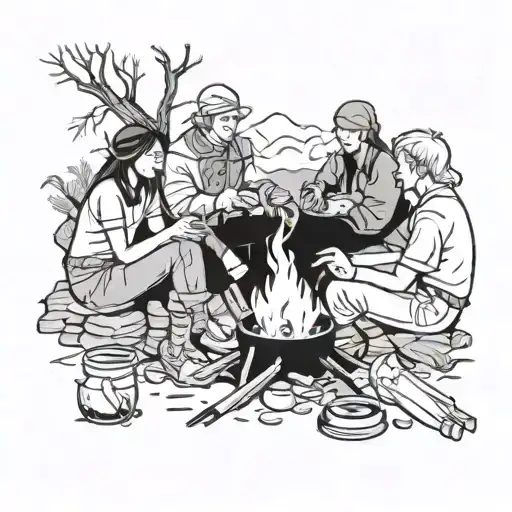 A group of friends sitting around a campfire, with each friend representing a different Dungeons and Dragons character class tattoo design idea